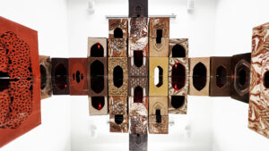 The pieces in this installation have been fired to different temperatures and atmospheres ranging from oxidation low  to reduction high temperatures.