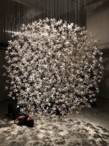 This piece was created for the Canadian Clay and Glass Gallery in conjunction with presenting at the Fusion Ceramics conference in Ontario, Canada.  The filament makes the components slightly undulate with the air movement in the room, creating a buoyancy and animacy to the piece.