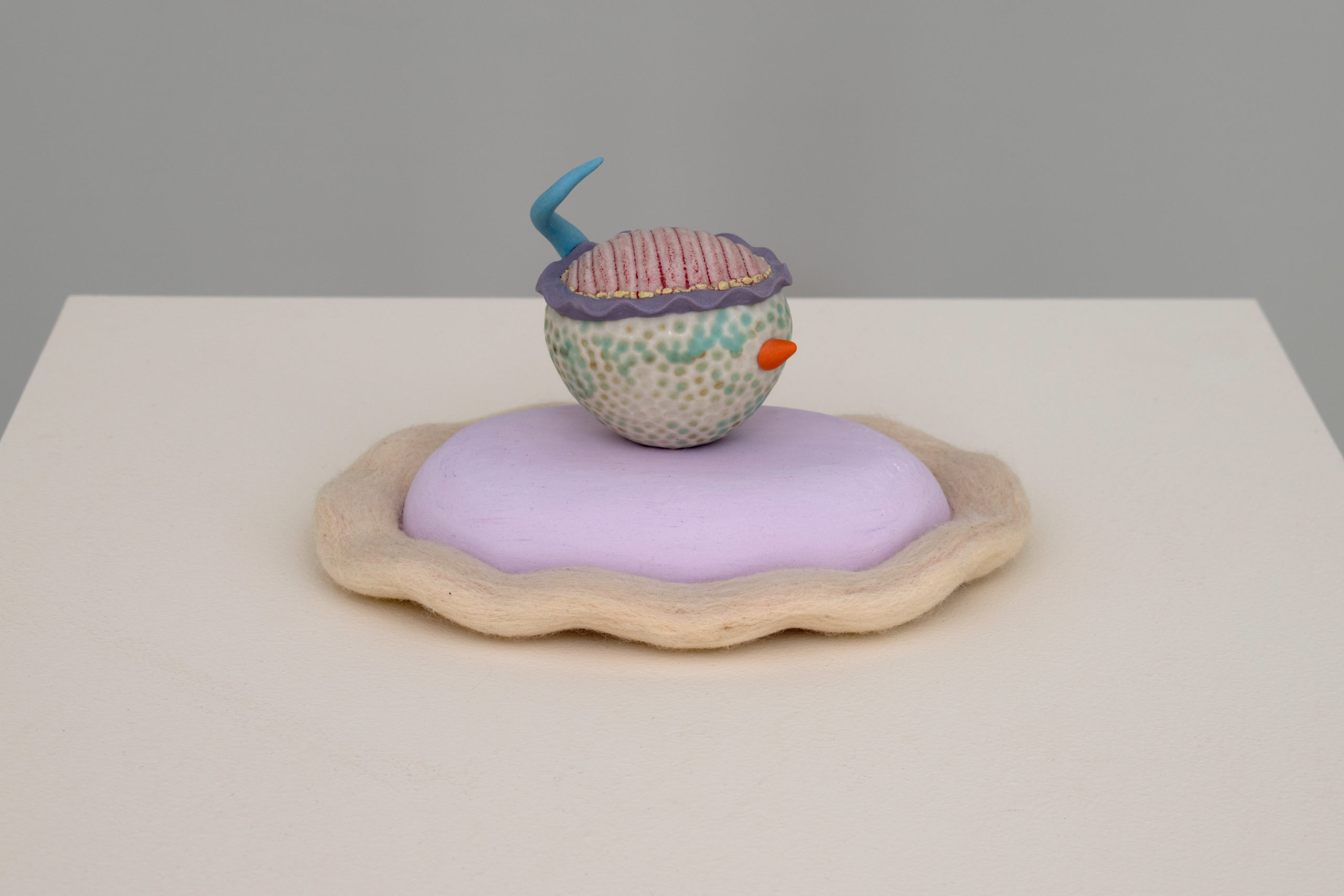 Ceramic, colored porcelain, needle felted wool, foam