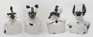 From a series of seven, these four women are wearing Scold's Bridles from the Middle Ages.  These iron masks with mouth bits were put on by men to control their gossipy wives. A pre-cursor to the #MeToo Movement. Frosting-like texture created with a palatte knife.
