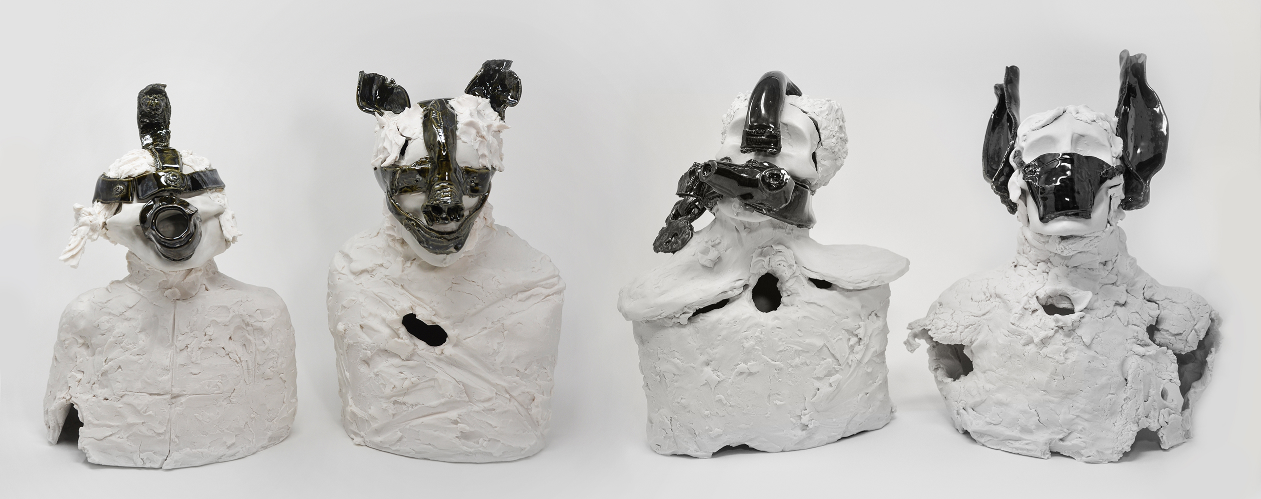 From a series of seven, these four women are wearing Scold's Bridles from the Middle Ages.  These iron masks with mouth bits were put on by men to control their gossipy wives. A pre-cursor to the #MeToo Movement. Frosting-like texture created with a palatte knife.