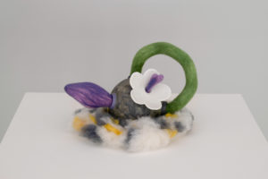 Ceramic, colored porcelain, needle felted wool