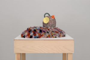 Ceramic, layered porcelain slip, colored porcelain, needle felted wool