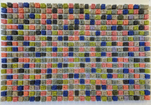 My work seeks to give form to time. This is a representation of the 57 days I spent as a visiting artist at Belger Crane Yard Studios in Kansas City, MO. Like a clock on the wall, this installation is hung exactly where we usually view time. Each cube takes ten minutes to make. You are viewing 4,860 hours of time.