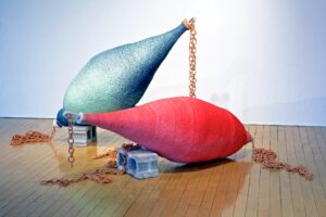 Materials: Hand built Earthenware, Handmade paper pulped from old denim, flannel shirt and cotton bedding, Cinder Blocks