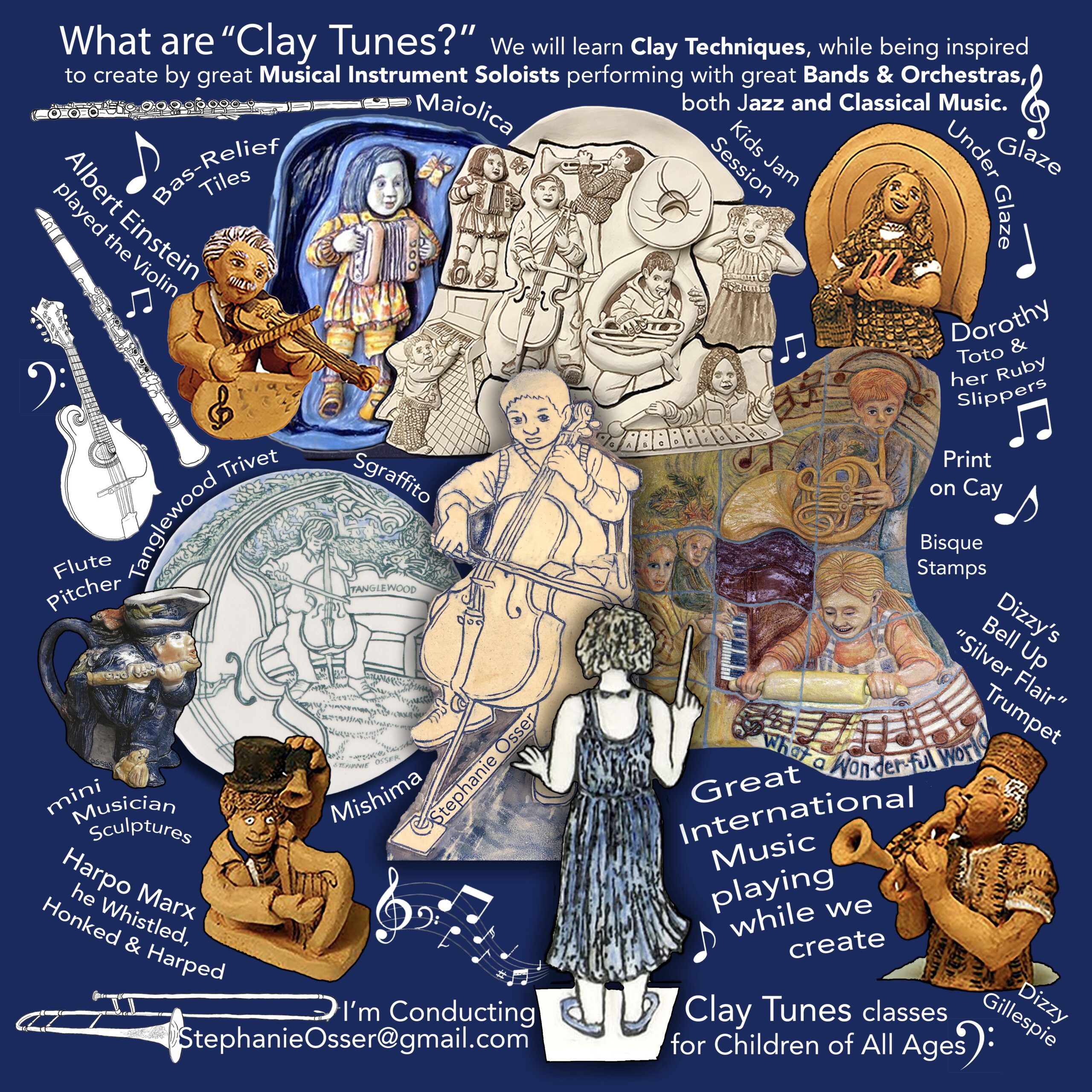 A collage of my many music-inspired porcelain and clay illustrations showing my favorite ceramic techniques, used in my work. The images show off my skills for teaching children in my "Clay Tunes" classes after school. I play classical music and Jazz to inspired their creativity.