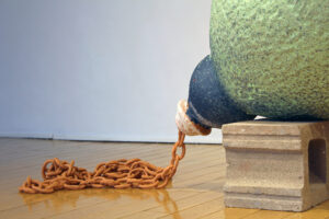 Materials: Hand built Earthenware, Handmade paper pulped from old denim, flannel shirt and cotton bedding, Cinder Blocks