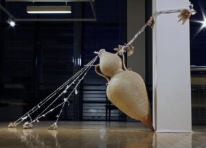 Materials: Hand built Earthenware, Upcycled and Crocheted Plastic Bags, Handmade Paper pulped from Plants, Rocks