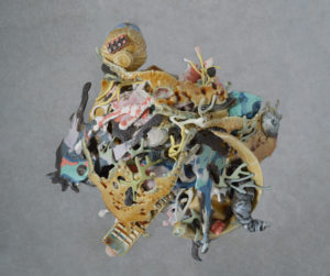 Plastiglomerate no. 2 is part of the "New Geology" Series, exploring how post-consumer objects shape our narratives as a species. This piece, in particular, focuses on the use of vibrant colors, familiar, domestic shapes and crystalline glazes for opulence.  I wanted to create a sense of tension between the beauty of entanglement, confusion and degradation while still utilizing the geologic metamorphosis of human-made materials as a sort of analogy for the ecological and socio-political crisis we are in as a global community.