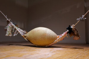 Materials: Hand built Earthenware, Upcycled and Crocheted Plastic Bags, Handmade paper pulped from Plants