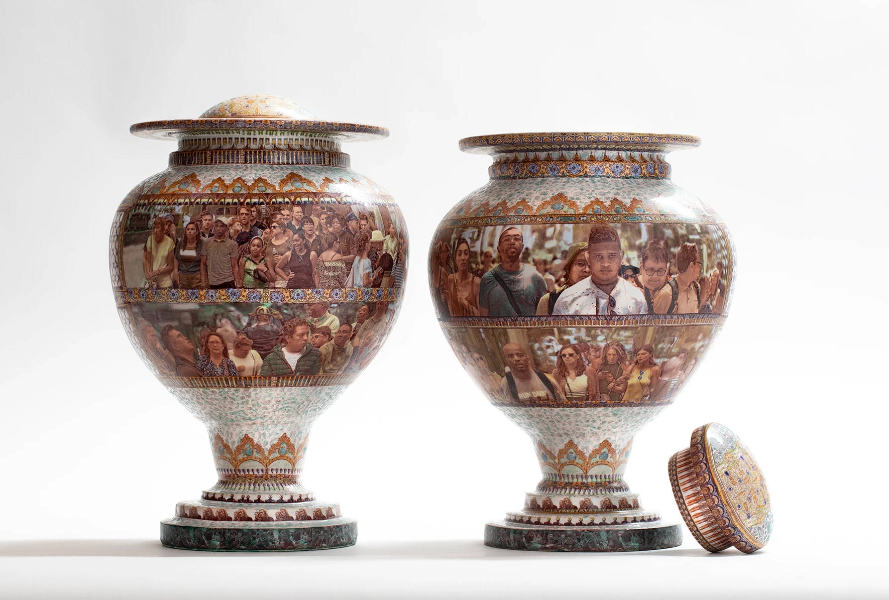 Wheel Thrown, Original images,  over glazes .   Sizes are approximate all pieces are in collections