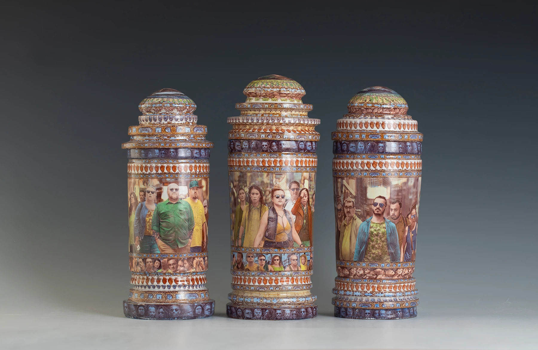 Wheel Thrown, Original images,  over glazes .   Sizes are approximate all pieces are in collections