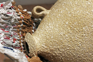 Materials: Hand built Earthenware, Upcycled and Crocheted Plastic Bags, Handmade paper pulped from Plants