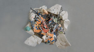 Plastiglomerate No. 1 (Origin Story) is part of my new sculptural series titled, "New Geology". This series dives deep into the implications of humankind's utilization, and normalization of the fossil fuel industry, in particular, how it has manifested itself in the objects we use every day. As more and more plastic arrives on beaches across the planet, we struggle with how to dispose of the predisposed. Many communities have resorted to burning the plastics right on the beach, resulting in a fascinating new conglomerate material composed of melted plastics, sand, seashells, seaweed, driftwood and other detritus known as plastiglomerate. As plastics go through a "quick time" metamorphosis, they begin to resemble the geologic processes that reclaim earth's elemental building blocks. These lil ducks embedded in "Plastiglomerate No. 1 (Origin Story) are a nod to the “Moby-Duck” event in 1992, when a shipping container slid off a cargo ship, spilling 28,800 bath toys into the sea. Although an ecological disaster, it is interesting how this mishap actually helped oceanographers model ocean currents, with more specimens to track then ever release before in the name of science (albeit accidentally).