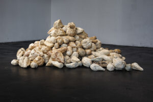 Almost 300 casts of sugar beet roots, made from a sanitary ceramic mass glazed with sugar beet leaf ash, are randomly arranged in a pile. If these non-productive production bodies represent the ideal image of a muscular fruiting body without a mouth, limbs, organs, posture, or expression, then the ashes in this ceramic installation play the role of a witness.
Just as excess ingested sugar can be detected in human body in the form of reserve fat, the brown color of the ashes also reveals the presence of copper, earth, and other chemical elements and substances that the sugar beet came into contact with during their lifetime through conventional agriculture.
This ceramic installation addresses the relationship between humans and nature, particularly in terms of food production and consumption.