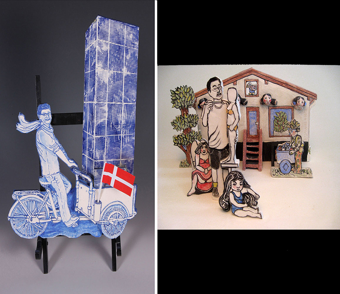 Akio Takamori and Paul Scott at Guldagergaard, 2011 & 2012 I was lucky to spend two residencies at Guldegergaard, Denmark. In 2011, Akio Takamori was there, by chance, and was so kind and helpful to our resident artists. In 2012, I had a Print on Porcelain workshop, again luckily with Paul Scott, and as an illustrator, I began to make silkscreens and in-glaze transferware. In both images, I was celebrating the outstanding contributions of these two great artists. Akio is standing in front of the Appfel Hus Gallery there, next to his Alphabet figures, with Akio's figure busts on the gallery outside. He is standing in front of images made by Danish artist Sten Lykke Madsen and American artist Kim Dickey. The picture on the left is of Paul Scott delivering his outdoor tile mural, which he made in 2012 during my second residency there. I was impressed with the cargo bikes the Danes travel on with their children or groceries in tow. I had a chance to help with the mural and learn many print-on porcelain tricks from Paul's workshop, and I sang in the local town of Skaelskor Chorale once a week. A wonderful experience all around!
