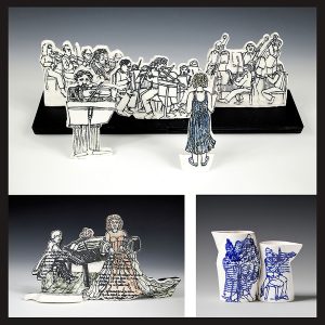 All three pieces were created after sketches I always create in my program guides at Boston Symphony Concerts. All these porcelain screened images were created in Denmark at the wonderful International Ceramic Research Center, Guldagergaard during my 2 residencies in 2011, and during my second residency in 2012, when I made the nesting pitchers with in-glaze, twice glazed fired transfer decals. The nesting pitchers, are my own designs, first created in plaster, then cast from positive plaster forms for slip casting. Silkscreens of my sketches were screened directly on the 2 orchestra pieces. The violinist is Pinchus Zuckerman, conductor is me, with my creative license. At the piano with the singer image, the soprano is Renee Fleming. The 2 screened images are included in the "500 Prints on Clay" Lark publication ©2013. The nesting pitchers were included in an ICAN ceramic calendar.