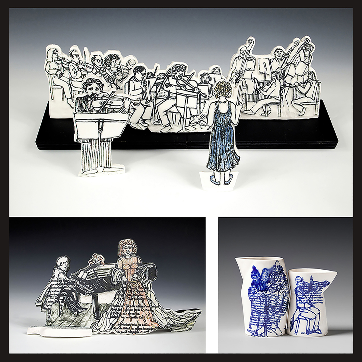 All three pieces were created after sketches I always create in my program guides at Boston Symphony Concerts. All these porcelain screened images were created in Denmark at the wonderful International Ceramic Research Center, Guldagergaard during my 2 residencies in 2011, and during my second residency in 2012, when I made the nesting pitchers with in-glaze, twice glazed fired transfer decals. The nesting pitchers, are my own designs, first created in plaster, then cast from positive plaster forms for slip casting. Silkscreens of my sketches were screened directly on the 2 orchestra pieces. The violinist is Pinchus Zuckerman, conductor is me, with my creative license. At the piano with the singer image, the soprano is Renee Fleming. The 2 screened images are included in the "500 Prints on Clay" Lark publication ©2013. The nesting pitchers were included in an ICAN ceramic calendar.