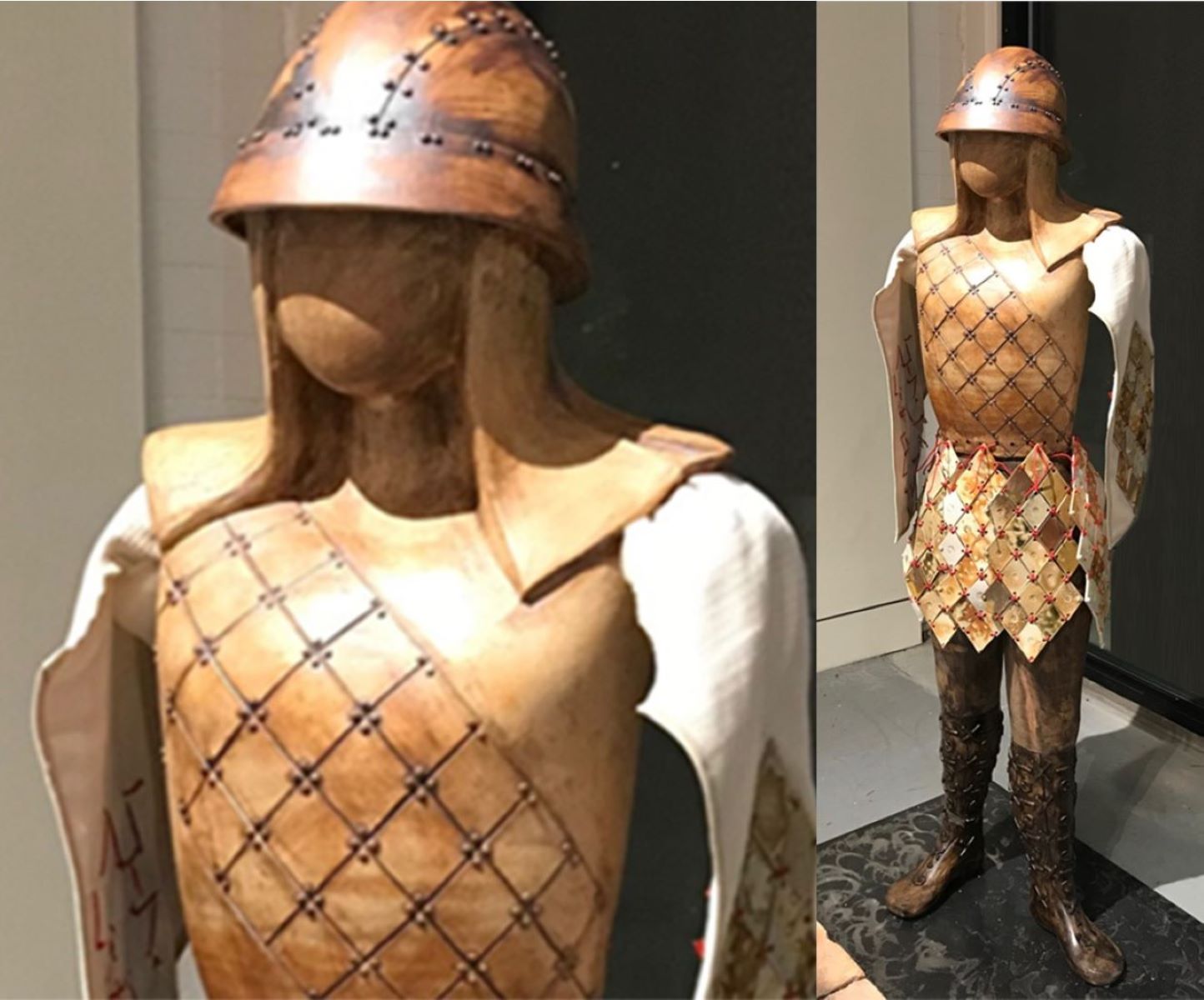 This was intended to be two figures, but during the process, the wood kiln was destroyed making it impossible to finish either one, and have the product match (the torso of one, legs of another and arms were ruined in the accident); so a few adjustments were made, abstract arms were fashioned...making the combination of Homage to Misty Copeland and Self as Onna Bushi...a fitting "chimera" for someone like myself who gave up professional ballet instruction for a career in clay.  This piece combines techniques from the other two "Homage" figures.