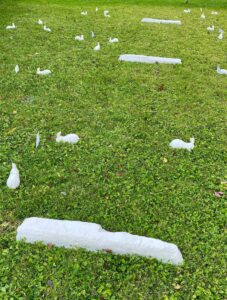 Curb consists of three ceramic curbs placed in a yard surrounded by an interactive meadow of utility flags. Half of the utility flags are plastic and the others are handmade paper pennants with native grass seeds embedded. One can interact by sharing a memory to preserve and/or make a wish to let go. The paper flags will eventually disintegrate, leaving grass behind to grow while the plastic markers will remain.  A collaboration with Kate Pszotka.