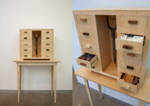 Handmade Curio Cabinet with drawers to open and explore. Drawers contain crystalized crocheted fiber, stained porcelain sand to dig through, found objects, ceramic instruments, fine hardwoods, dissected plaster molds, ceramic strata, relief plates, vials of dye, and a locked mystery.