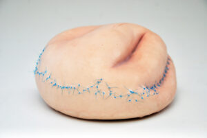 The surface of the form consists of pigmented silicone and medical sutures.