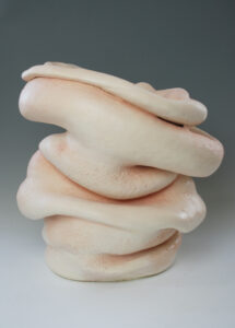 The surface of the form consists of pigmented silicone and medical sutures.