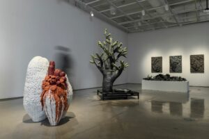 This is an installation shot from my MFA thesis exhibition. The ceramic sculptures were paired with a video perfromance projected on the wall wich included a sonic component that fille the room every three minutes.