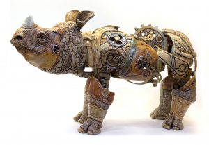 This piece was fired in numerous parts and assembled post-firing on a steel armature with epoxy and wire.