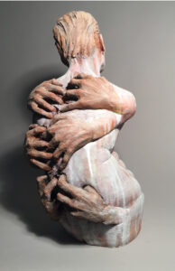 On My Back (back view) represents the pressures or responsibilities of life clawing on ones back as a burden. The figure has no arms representing how there is no control or power to stop the clutch. Here the back view shows the whole expression of the piece.