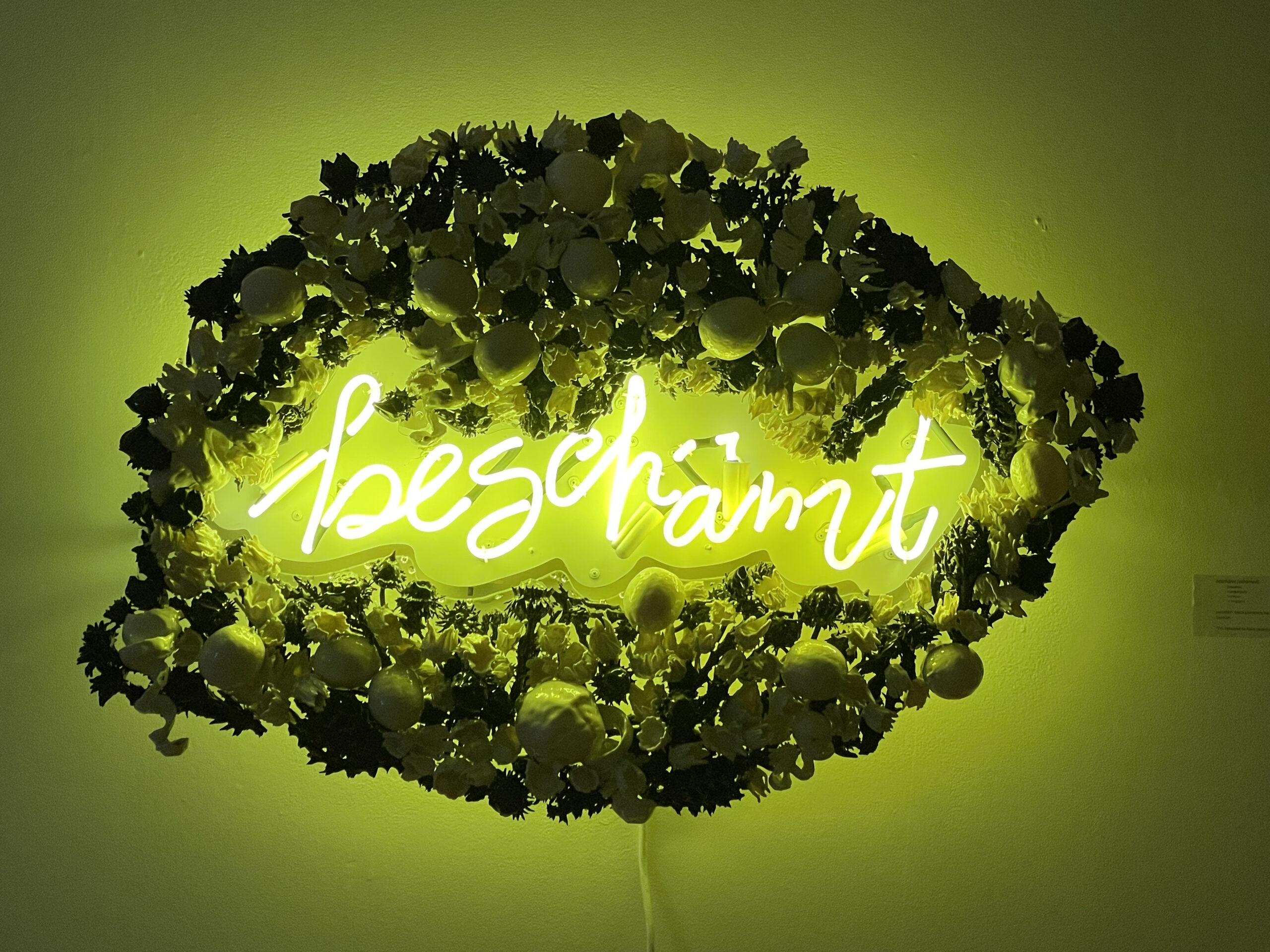porcelain, stain, resin, plexi, neon: yellow neon text in German, surrounded by porcelain pieces in the shape of a lemon. Pieces are slip-dipped and cast paperclay porcelain in black and white- black thistles, white lemons, white cast 3-D printed peeled lemons (baroque inspired), and white arrowleaf balsamroot (native plant), set in resin on plexi background 
A personal piece based on a comment from the artist’s mother (I’m ashamed to have raised you as a daughter), this work addresses the cyclical relationship between shame and trauma.