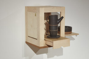 This cabinet addresses how to reimagine objects for the home. Much like the ceramic series, these cabinets offer a wide range of interactions for function and presentation. They present a sense of balance and symmetry that allows for choice, reflection on downsizing with comfort and beauty all-in-one. The cabinet aids the viewer in personal ritual in their own home or space and the resounding magnitude that simple clay, wood & cork can enhance the livelihood of the user’s life and the room it's in.