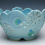 Drape-molded, altered, and built porcelain w. pierced, carved, slip-sponge, slip-trail, underglaze, and Mishima deco, cone 7 oxidation. 6.5” h x 11” l x 9” d, 2014