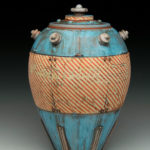 14”H x 8”x 8”L. Earthenware, wheelthrown. Terra sigillita, underglaze. Electric fired cone 04