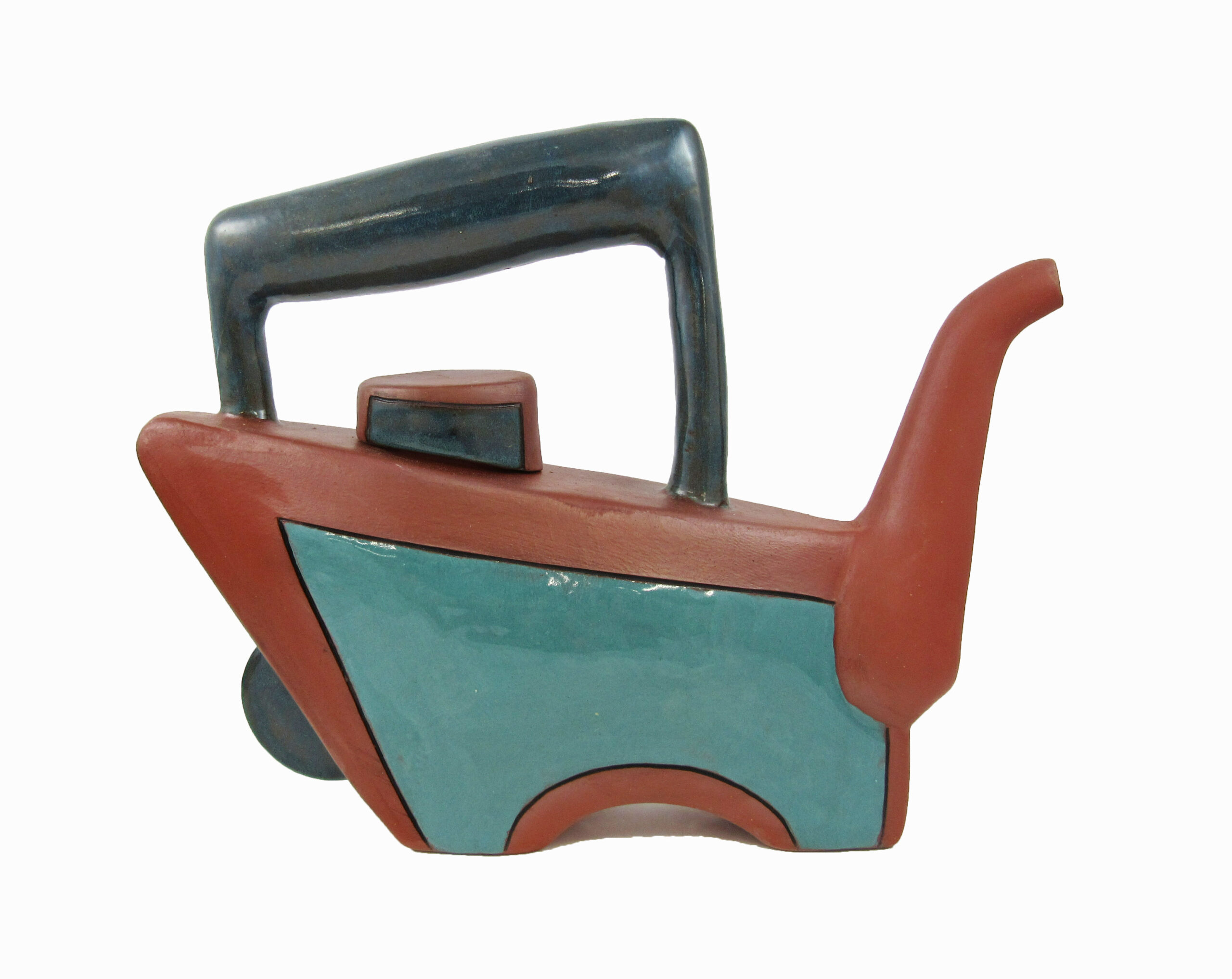 The spout is wheelthrown, attached to a handbuilt/ slab built body. Most of it in unglazed with terra sigilata, there is a portion that is glazed blue with a black inlayed line surrounding it. Cone 1.