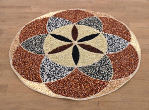 Corn, beans and squash seeds from Pie Ranch & Demeter Seed Library on cotton canvas with agave fiber rope & cotton thread. Site-specific installation for the "MexiCali Biennial: Land of Milk & Honey" at the Santa Cruz Museum of Art & History (Santa Cruz, CA).