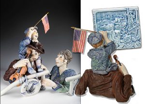 The image on the tile, made first then cast in plaster, helps to tell my Family Odyssey story. Notice the back of the boys jacket has the image of the bas-relief. When I create clay sculptures I often start with a tile, a bas-relief, to figure out my idea, my sketch. Then use it to tell my story, with a detail to enjoy from the back. This piece was asked of me, to commemorate members of my Temple Beth Elohim Synagogue, who, like me, had relatives who immigrated to America. I decided to honor my Dad, as he arrived at Ellis Island as a boy of 3, alone with his Mom, my grandmother, leading the way off the Red Starline SS Finland, a ship coming from Antwerp, Belgium. Sadly I never met my Grandfather, who passed away in the old country, so I created him too, with my Dad symbolically riding on his shoulders, arriving with his wife and son, holding the violin. That violin was played by my Dad, most days before and after work to wake us up, and encouraged me, with my singing Mom, to take up music, as a singer.