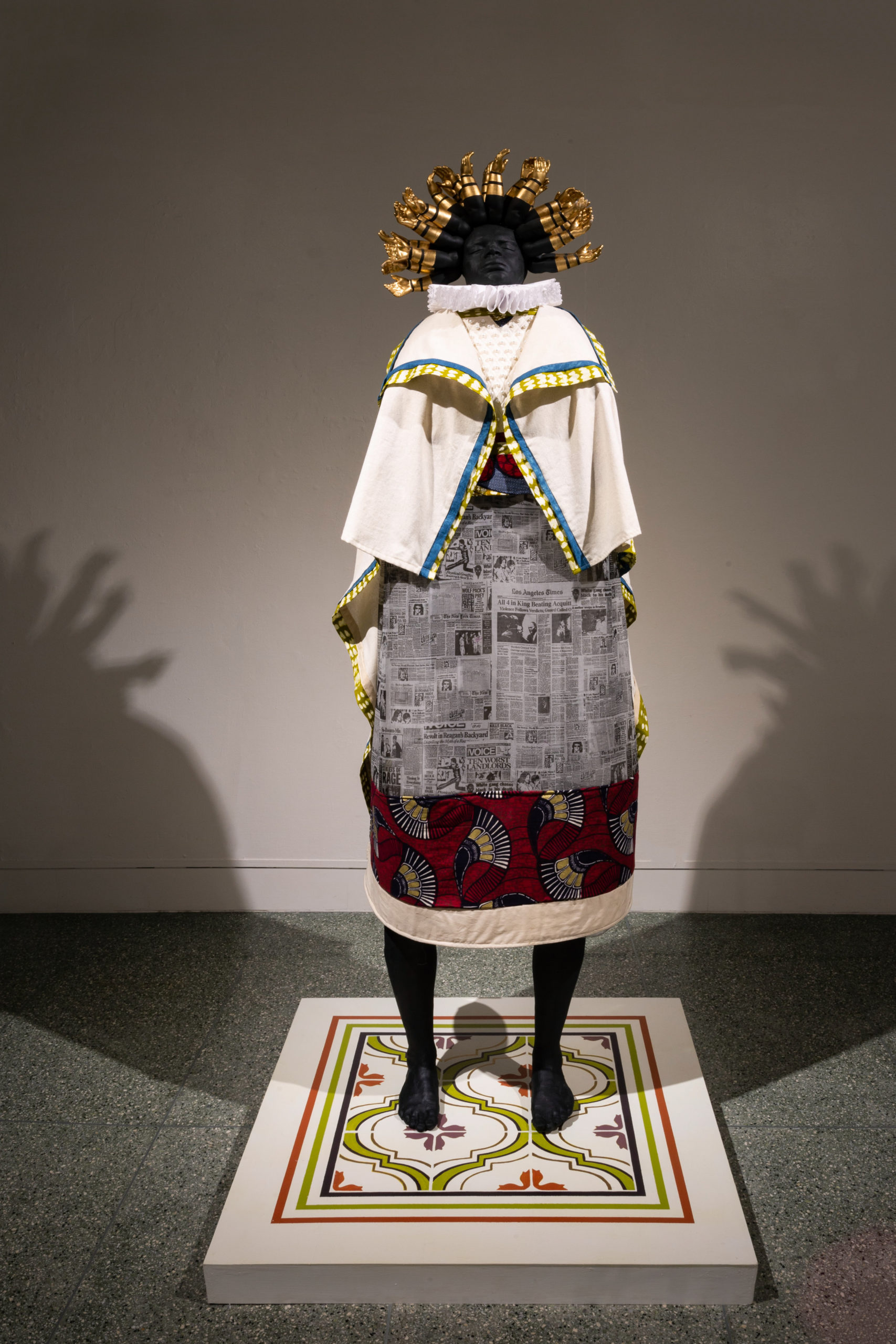 Porcelain, terra cotta, Osnaburg, linen, coffee stained muslin, Dutch-wax prints, digitally printed organza, ruff, indigo, gilding, pearlsPhoto credit: Morgan Stephenson