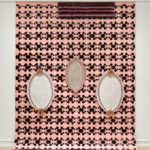 2021, Terracotta, Monoprinted flocked wallpaper, rhinestones, Fringe

This piece explores the complex nature of identity as a universal concept, examining how identity develops and changes through time as a fluid thing. On a more specific level I want to bring up the politics of the body in relation to the feminine and the masculine as something that is intertwined, existing within a spectrum rather than within a system made up of binaries.
Dimensions: wallpaper is 10' across mirrors are 41"Hx26"W