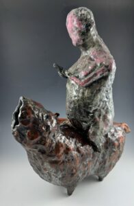 This ceramic sculpture explores horse and rider themes as a way to navigate relationships between humans and animals. The presence of the electronic device in the rider’s hands is meant to draw attention to the way that use of these devices has been shared with animals, and not with their permission.