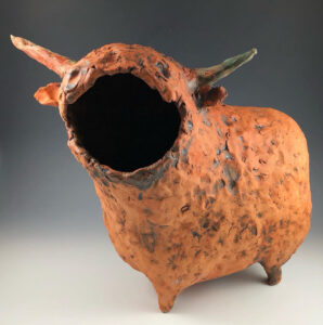 I often make animals that have both personal and cultural significance in my work. In this piece, I use the iconic nature of the bull, with a large void in the open mouth, to draw attention to our insatiable appetite for beef, and the way that an iconic animal becomes a site for exploring humor and pathos.