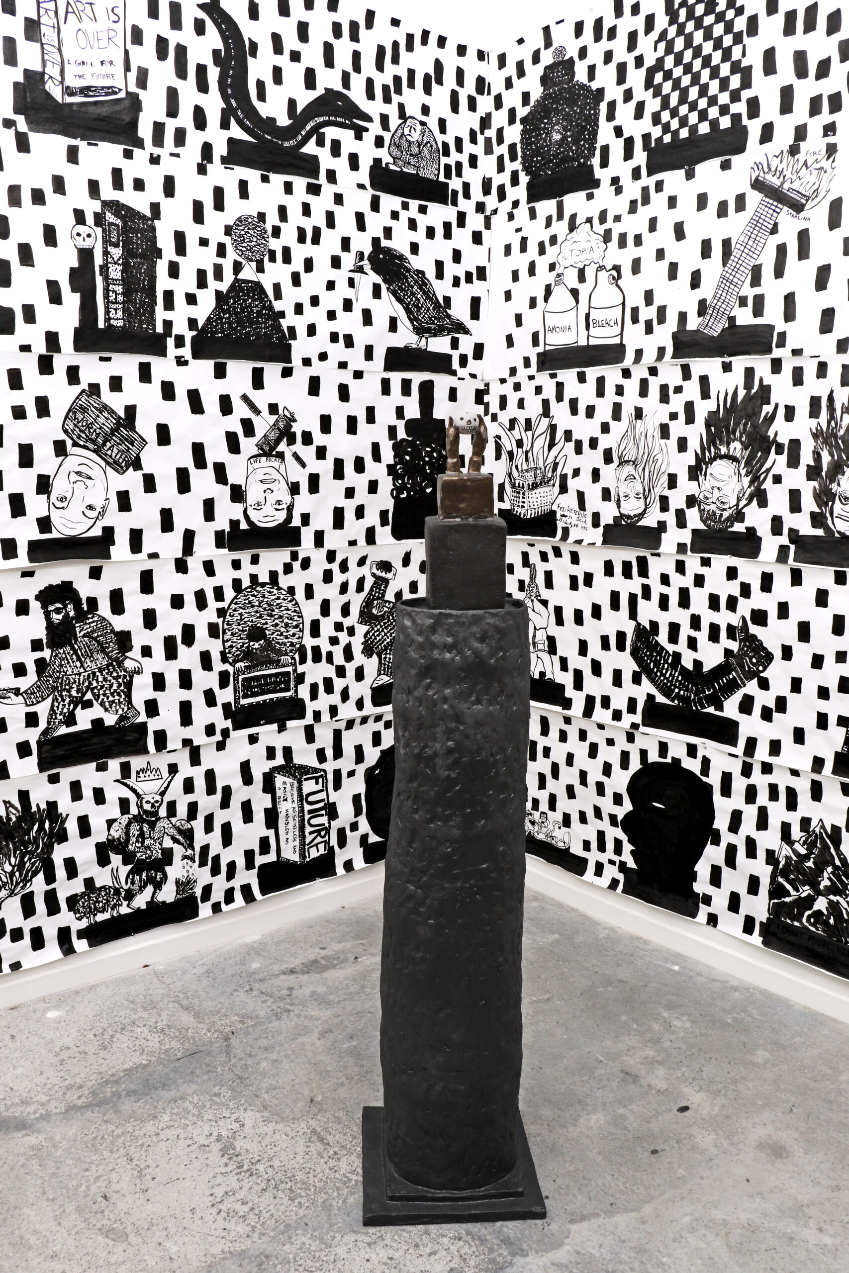 Current studio-based installation/  A 4’ sculpture is in front of dozens of drawings of sculptures that I plan to make out of clay.  Similar in size to previous submission.