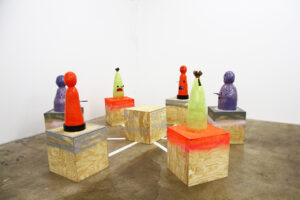 Each sculpture is playing audio and 4 out 6 are playing video in the mouth sections
Visitors are invited to site in the center and be consumed by the cacophony of loud audio and video
Videos are found clips on youtube and played in a slowed down version of Michael Jackson’s We are the World