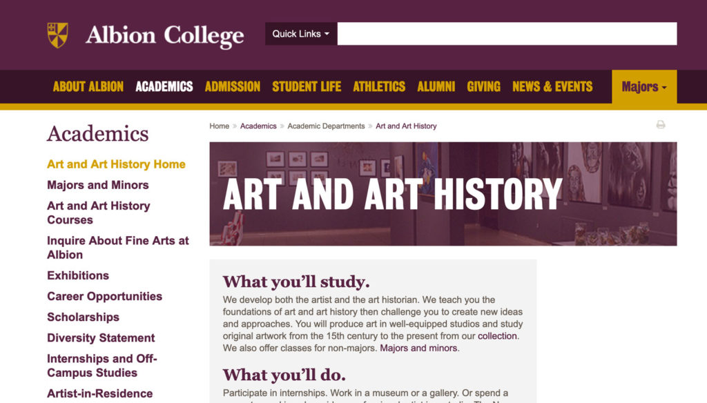 Albion College website screenshot