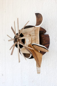scrap wood & bark, cardboard, palm leaves, wire, glue, beeswax, clay-based paint & gesso