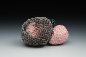 grey stained porcelain, electroformed piece and pink glazed form, 5 x 4 x 3.5