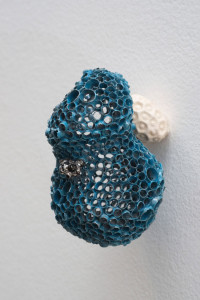 porcelain that has been electroformed with copper and then a ammonia sodium patina, 5 x 3 x 2.5