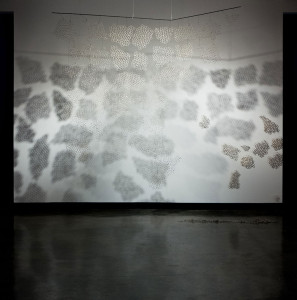 Hand-built porcelain, waxed linen, steel, 8’ x 10’, 2015