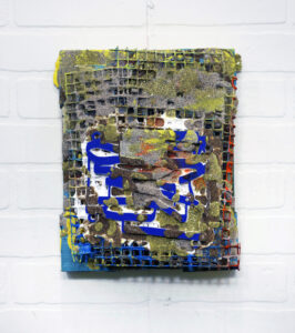 Acrylic, 3D-printed PLA, hardware cloth, sand, glitter on panel