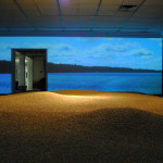 And the River Floweth On, Collaborative exhibition with Shawn Skabelund, shelled corn, mapped video projection, Greiner Art Gallery, Hanover College, Hanover, IN